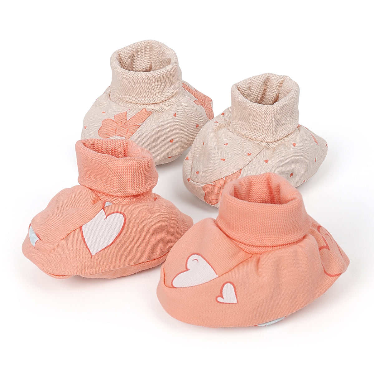 Baby Unisex Heart Print Booties Pack Of 2, Peach And Cream