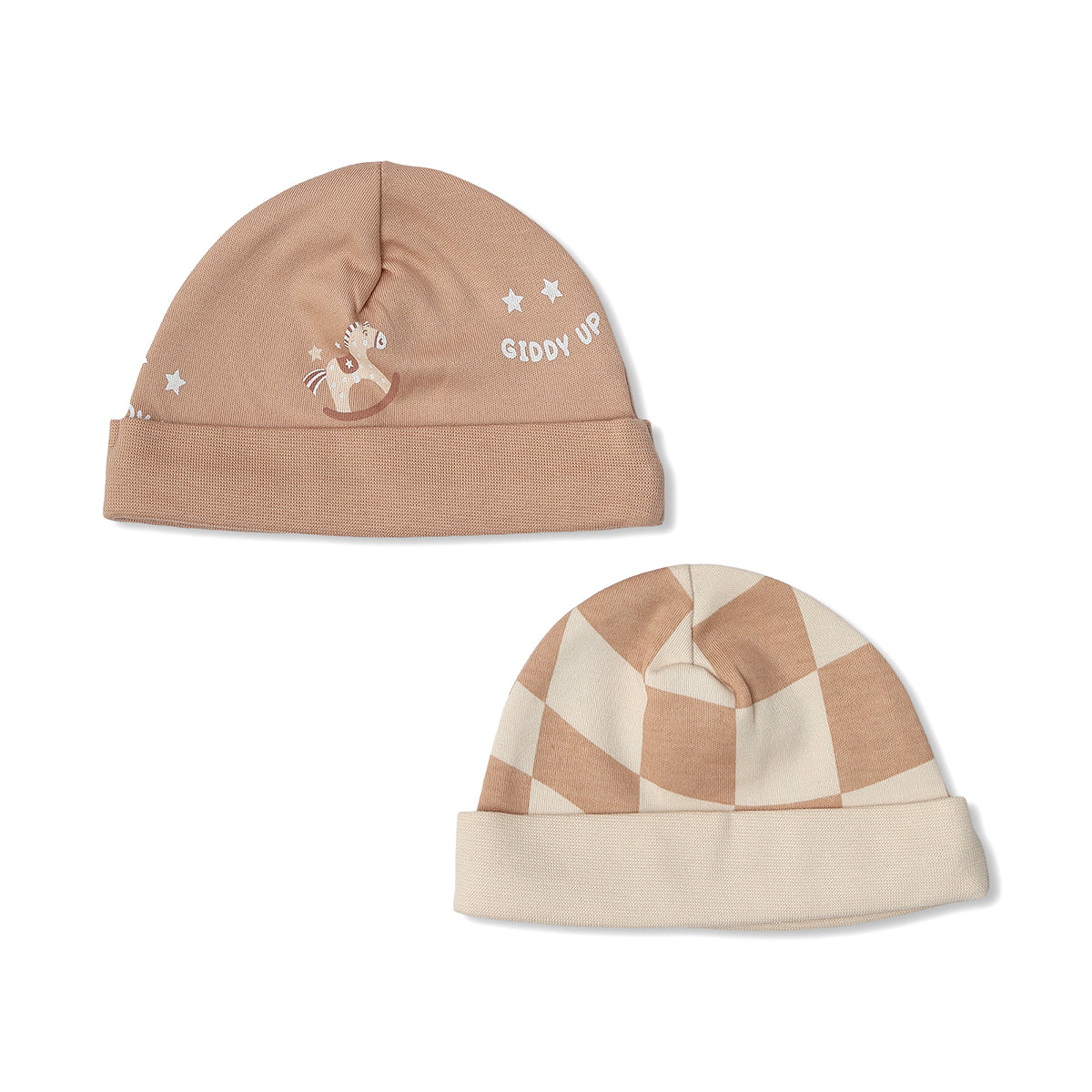 Baby Unisex Cotton Printed And Checked Cap Pack Of 2, Brown And Cream