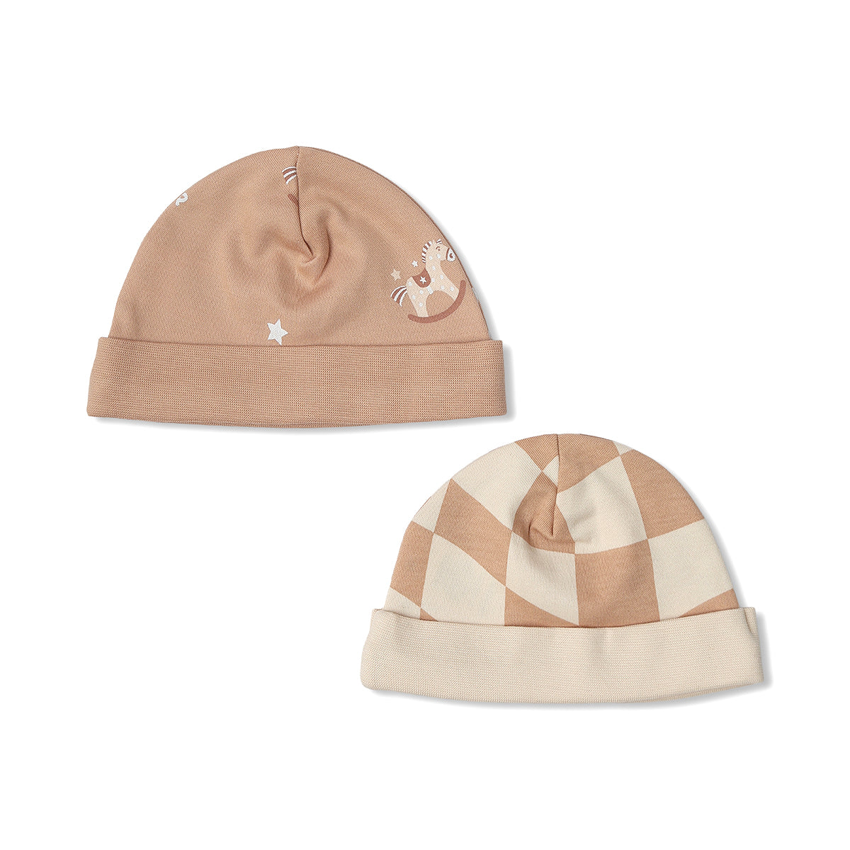 Baby Unisex Cotton Printed And Checked Cap Pack Of 2, Brown And Cream