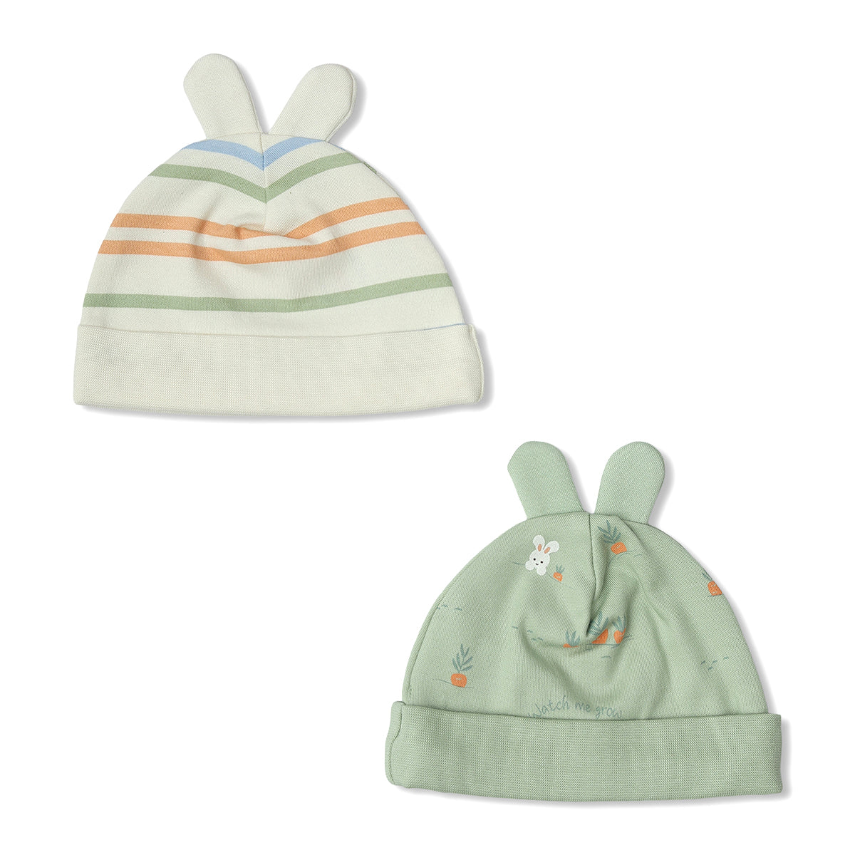Baby Unisex Cotton Printed And Striped Cap Pack Of 2, Green And Cream