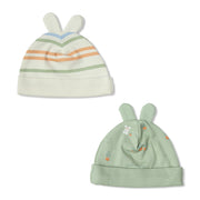 Baby Unisex Cotton Printed And Striped Cap Pack Of 2, Green And Cream