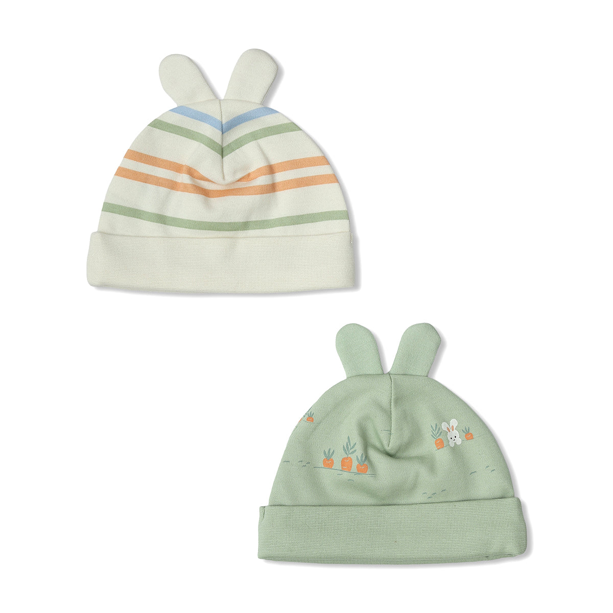 Baby Unisex Cotton Printed And Striped Cap Pack Of 2, Green And Cream