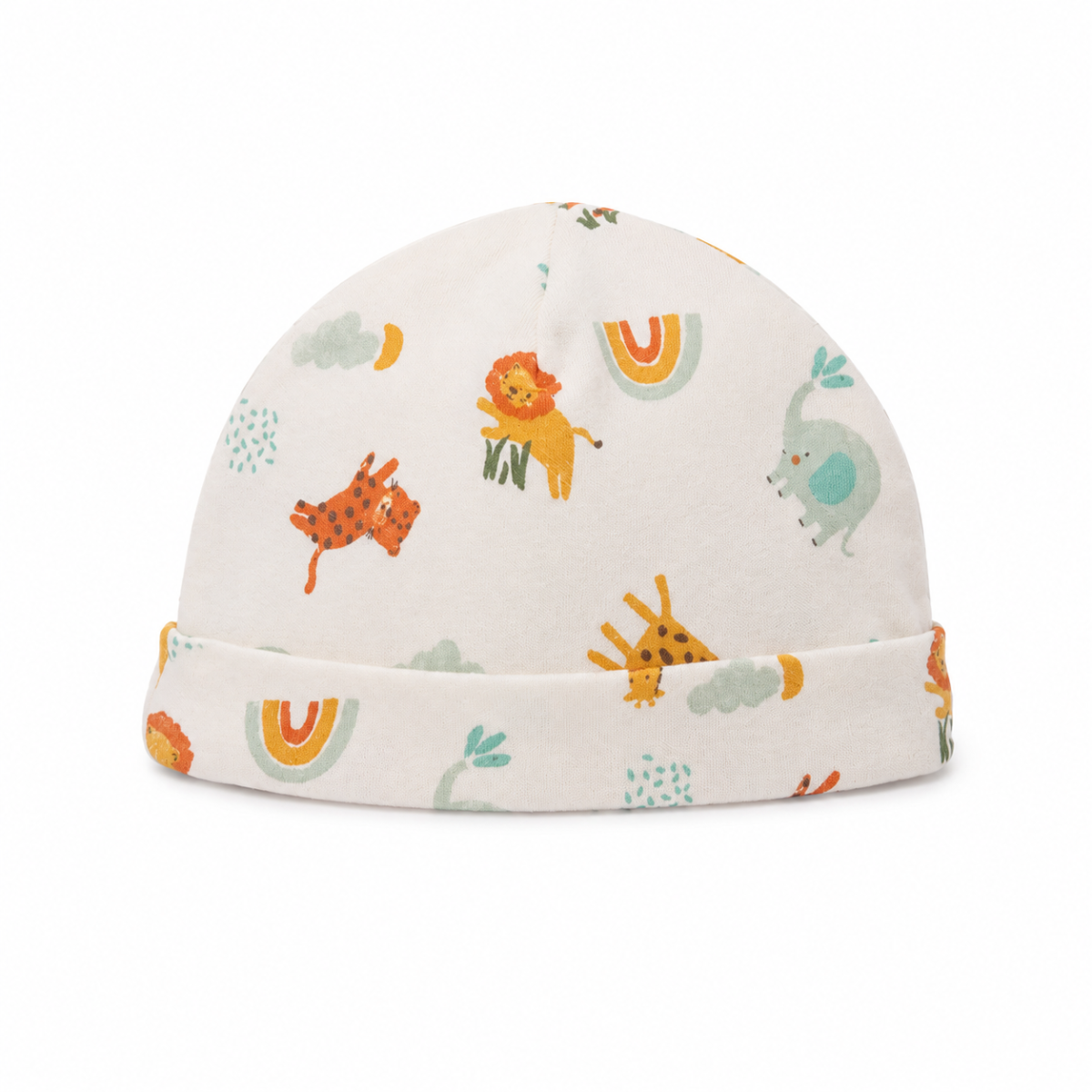 Baby Unisex White And Mint Green Cotton Animal Printed And Striped Caps Pack Of 2