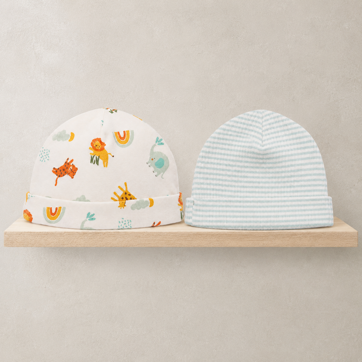 Baby Unisex White And Mint Green Cotton Animal Printed And Striped Caps Pack Of 2
