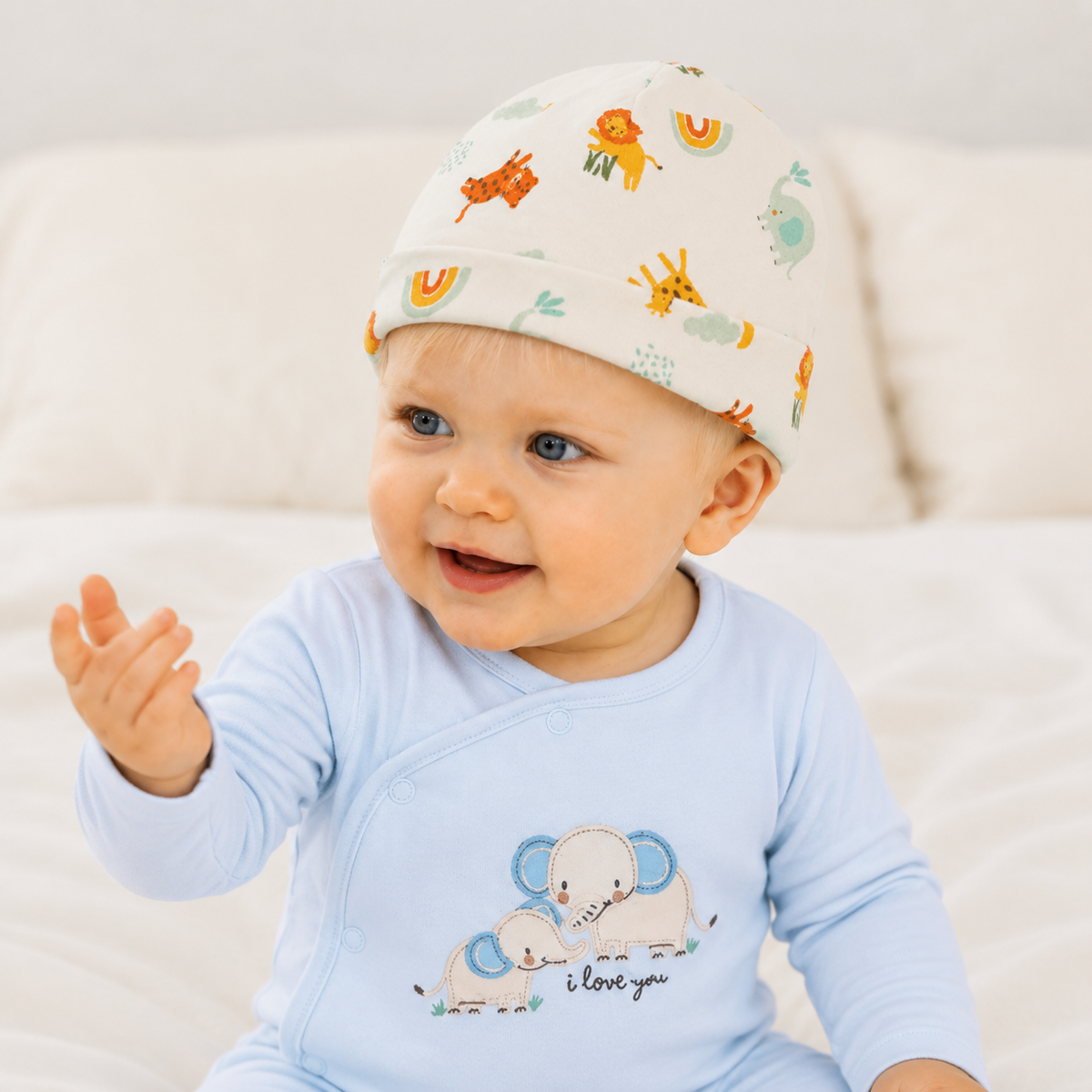Baby Unisex White And Mint Green Cotton Animal Printed And Striped Caps Pack Of 2