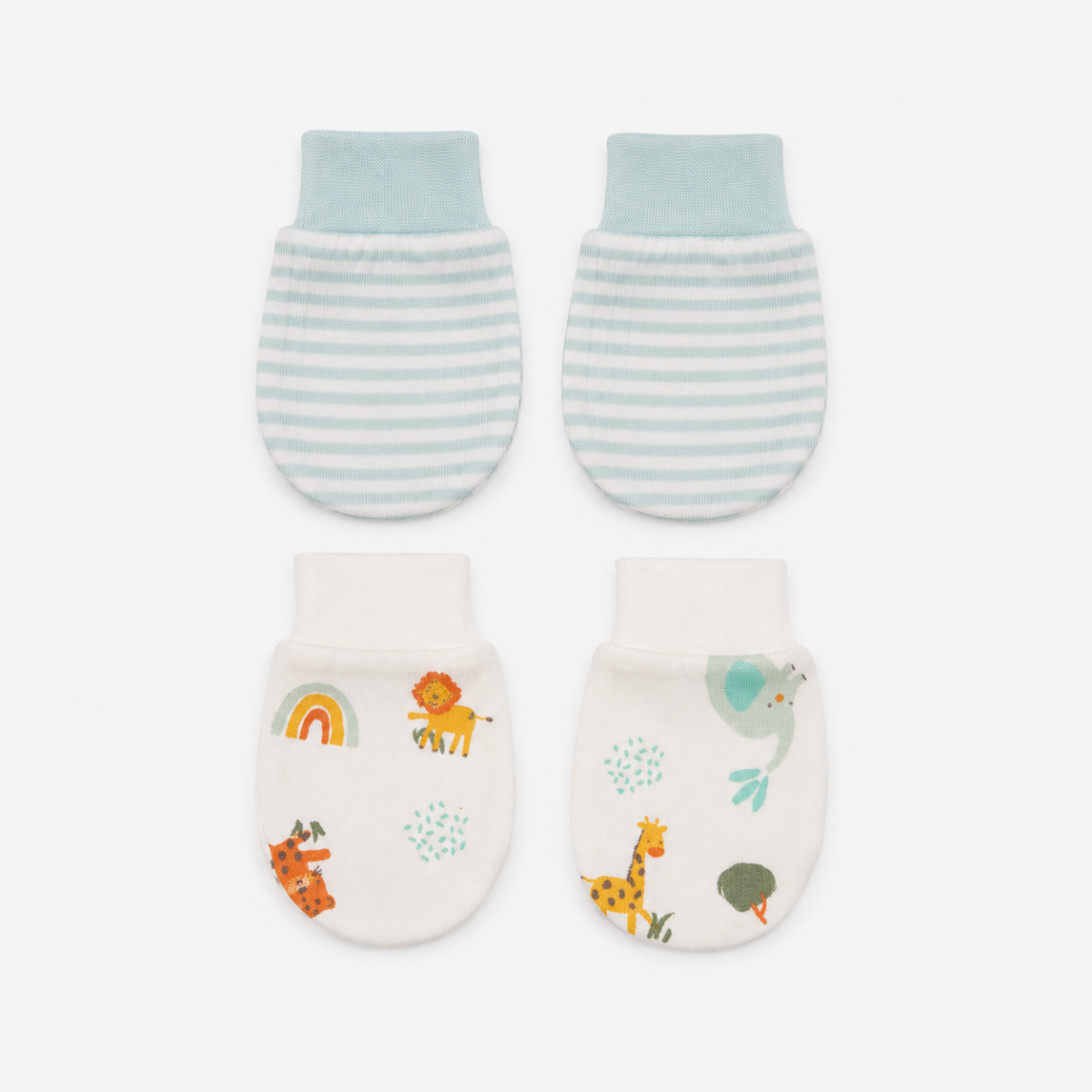 Baby Unisex White And Mint Green Cotton Animal Printed And Striped Mittens Pack Of 2 Pairs