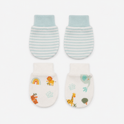 Baby Unisex White And Mint Green Cotton Animal Printed And Striped Mittens Pack Of 2 Pairs