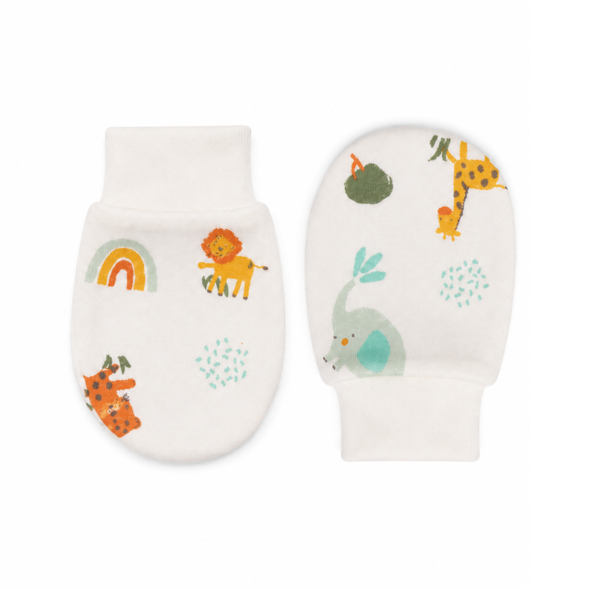 Baby Unisex White And Mint Green Cotton Animal Printed And Striped Mittens Pack Of 2 Pairs