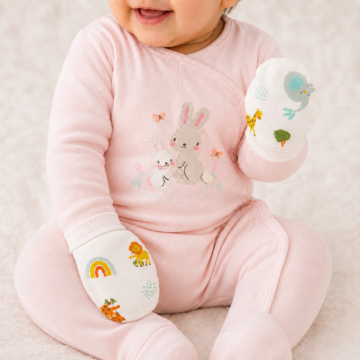 Baby Unisex White And Mint Green Cotton Animal Printed And Striped Mittens Pack Of 2 Pairs