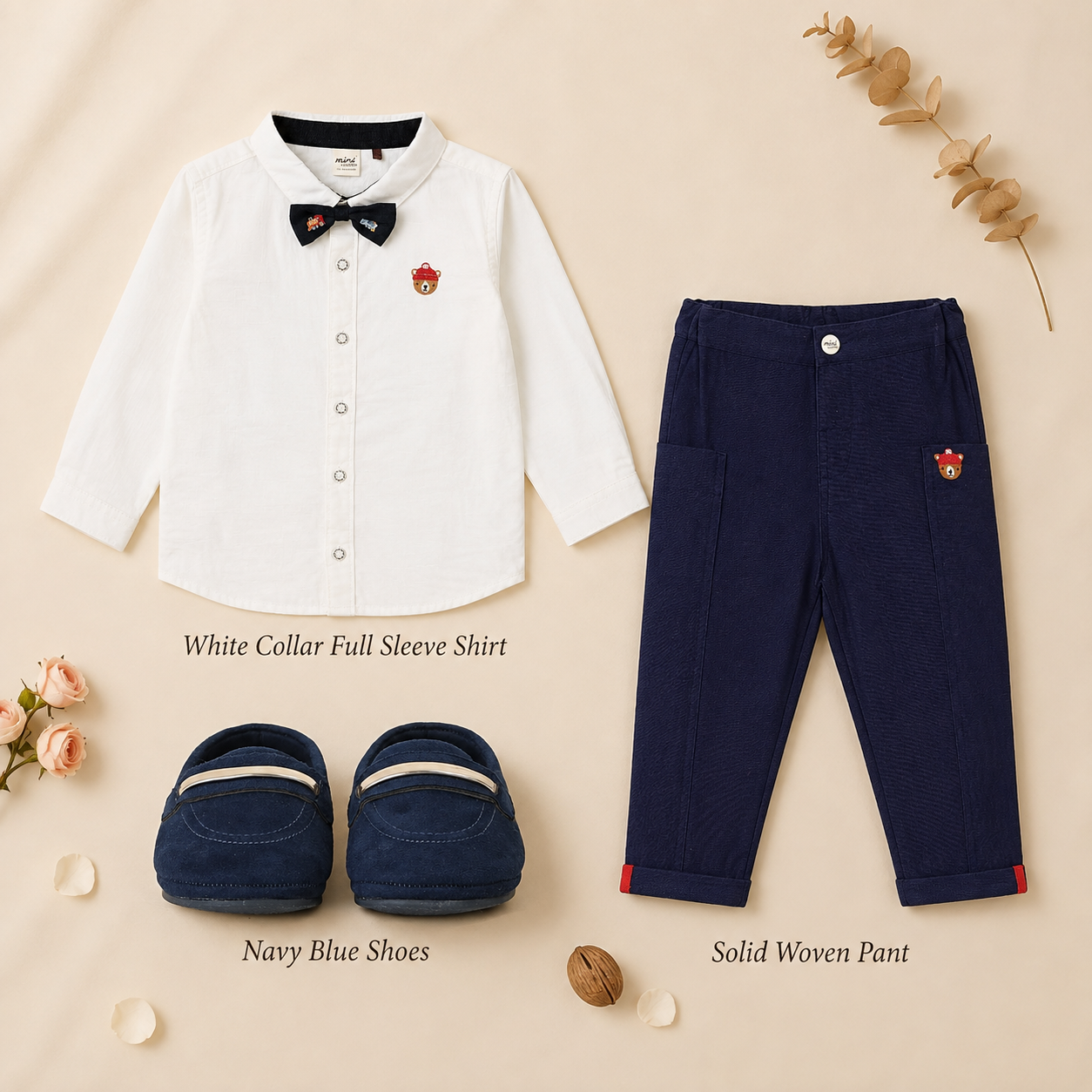 Baby Boys Shirt, Pant & Shoes Party Outfit Bundle - White & Navy Blue