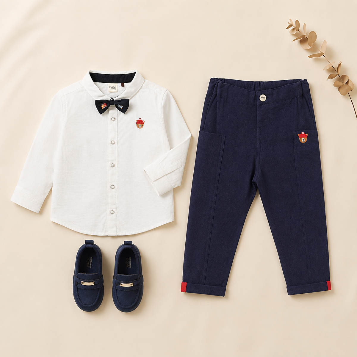 Baby Boys Shirt, Pant & Shoes Party Outfit Bundle - White & Navy Blue