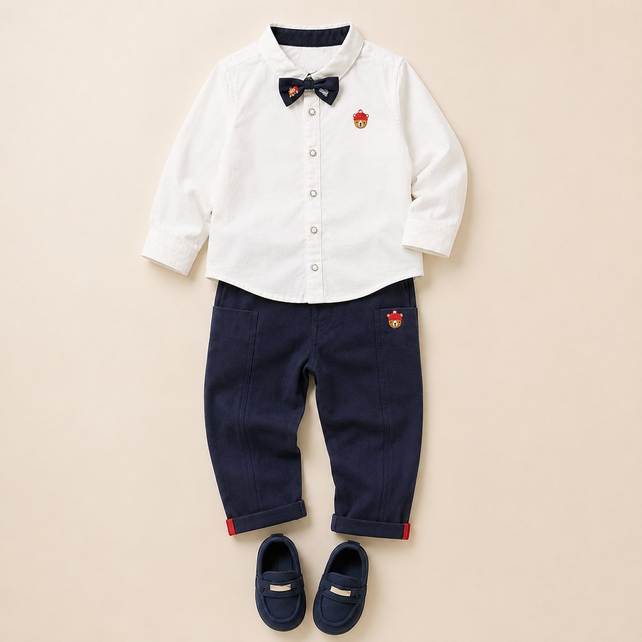 Baby Boys Shirt, Pant & Shoes Party Outfit Bundle - White & Navy Blue