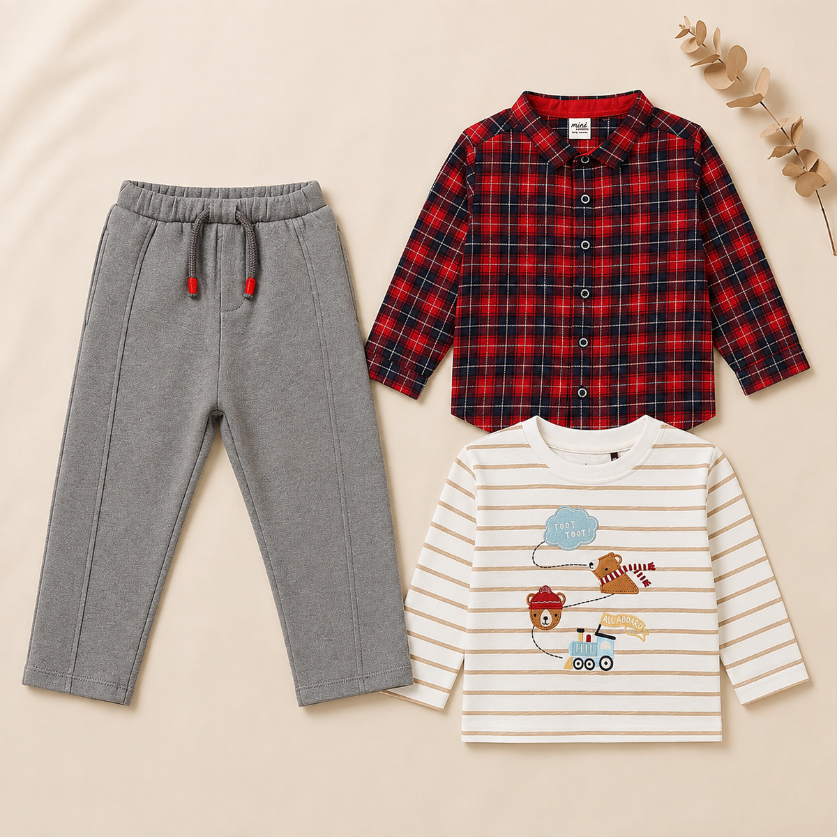 Baby Boys Shirt, T-Shirt & Pant Everyday Outfit Bundle - Red, White & Grey