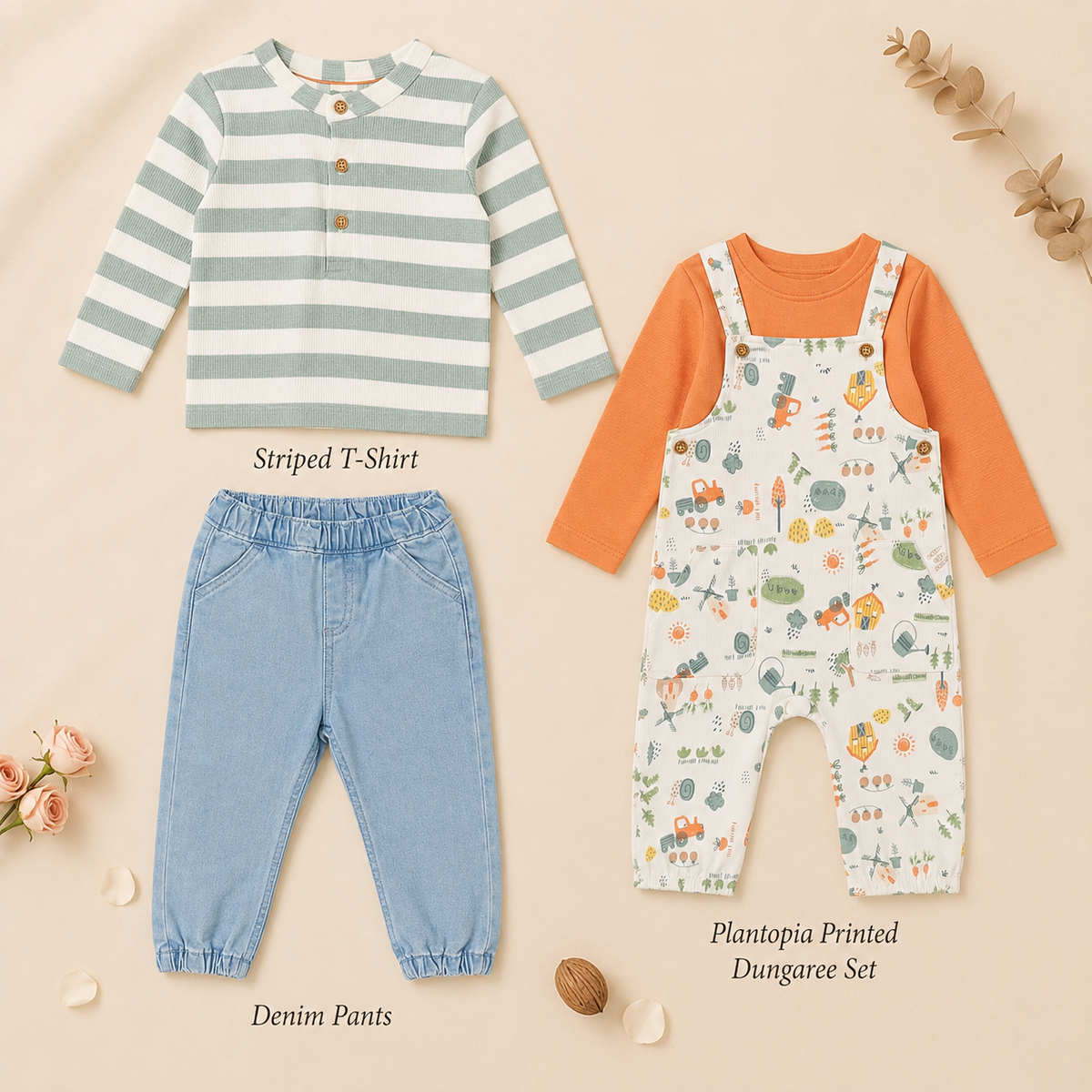 Baby Boys Dungaree Set, T-Shirt & Denim Pant Everyday Outfit Bundle - Orange, Green & Blue