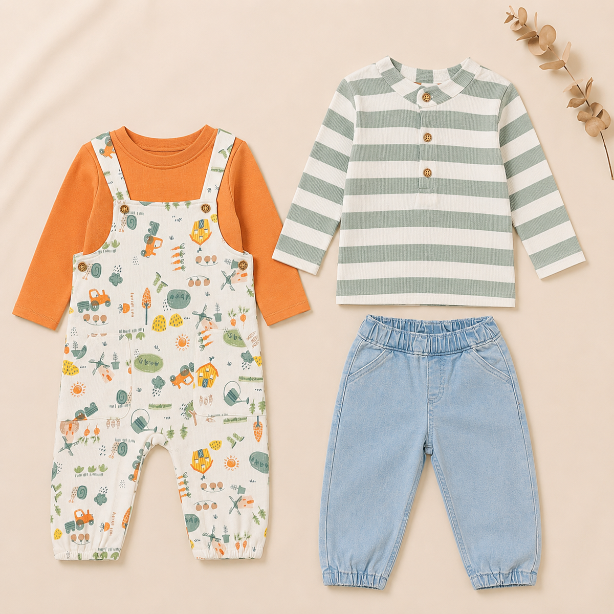 Baby Boys Dungaree Set, T-Shirt & Denim Pant Everyday Outfit Bundle - Orange, Green & Blue