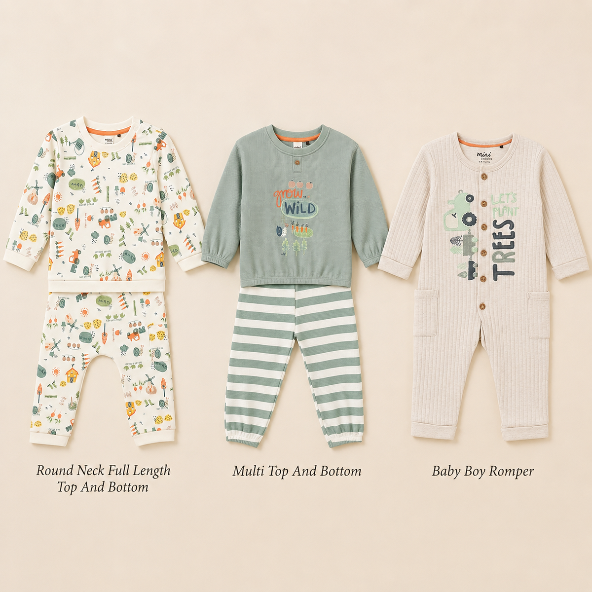 Baby Boys Romper & 2 Co-ord Sets Everyday Outfit Bundle - Beige, White & Green