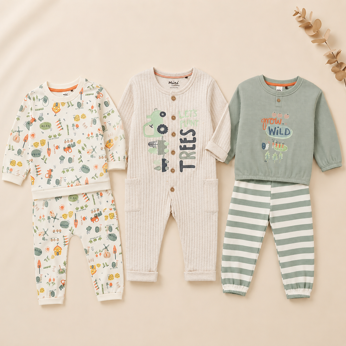Baby Boys Romper & 2 Co-ord Sets Everyday Outfit Bundle - Beige, White & Green