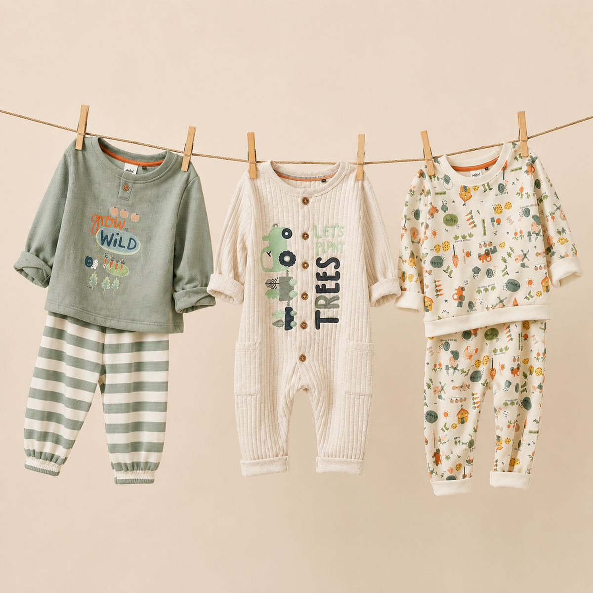 Baby Boys Romper & 2 Co-ord Sets Everyday Outfit Bundle - Beige, White & Green