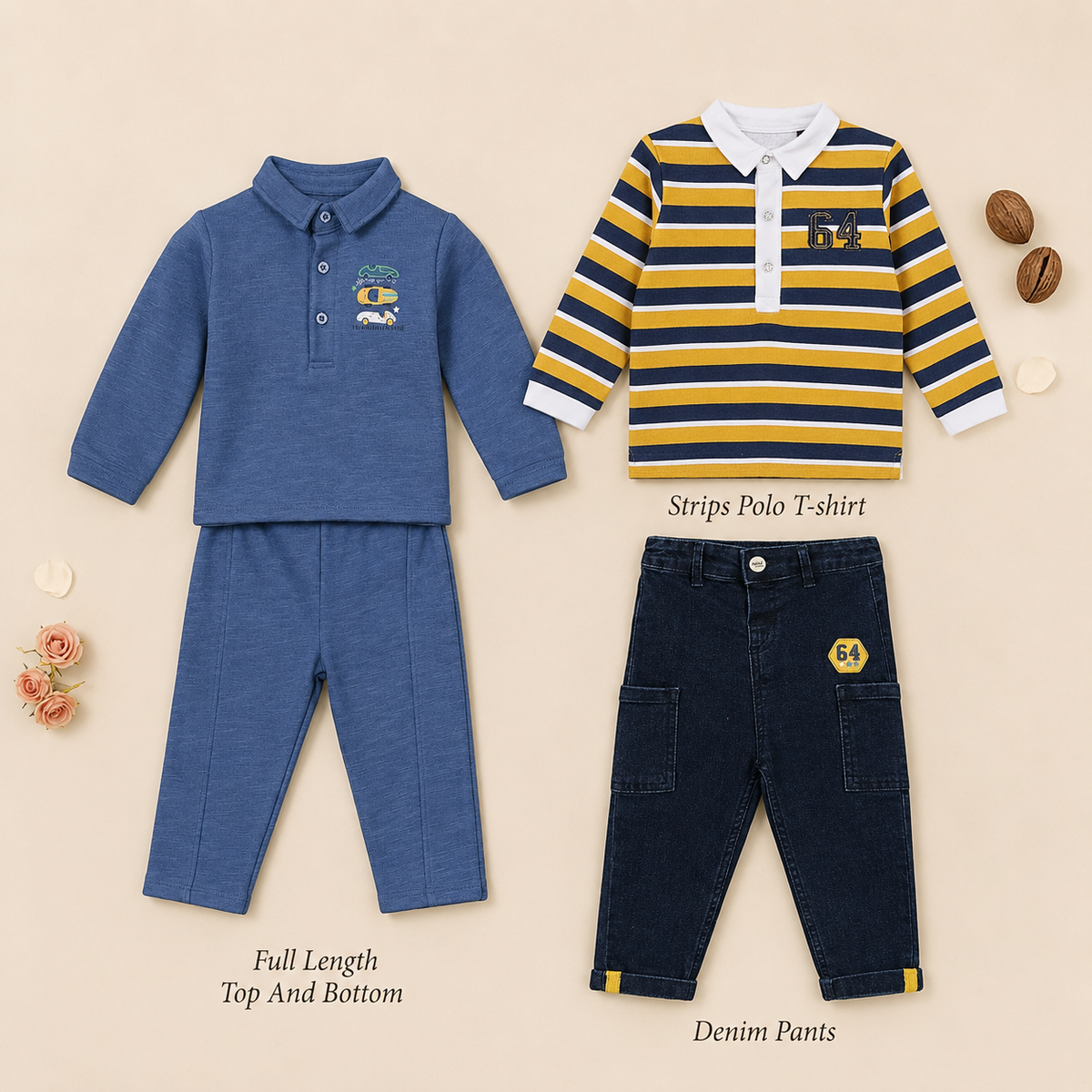 Baby Boys Polo T-Shirt, Denim Pant & Co-ord Set Outfit Bundle - Blue, Mustard & White