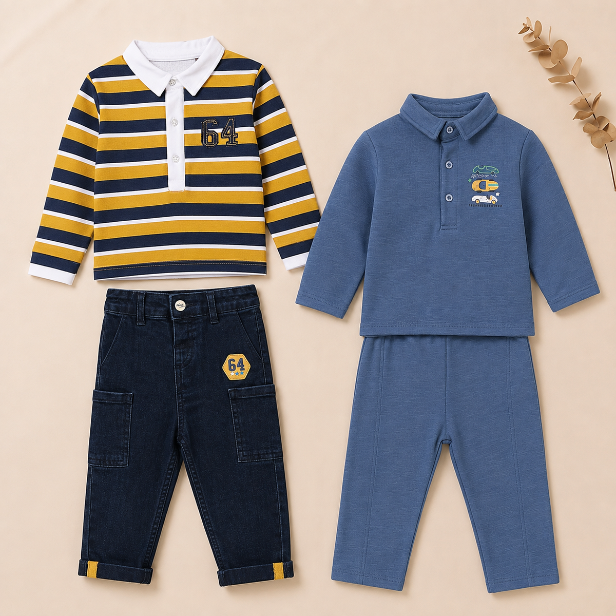 Baby Boys Polo T-Shirt, Denim Pant & Co-ord Set Outfit Bundle - Blue, Mustard & White