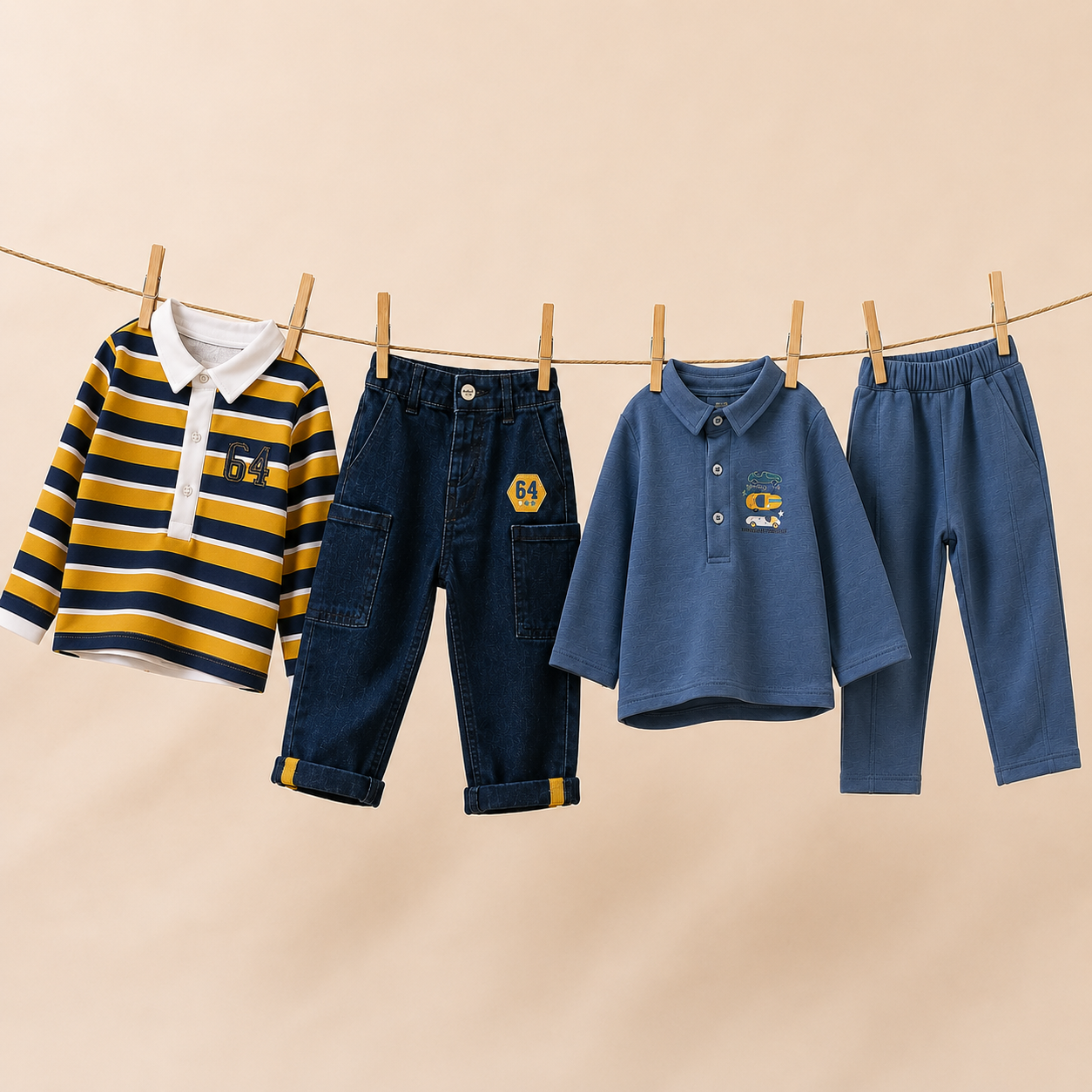 Baby Boys Polo T-Shirt, Denim Pant & Co-ord Set Outfit Bundle - Blue, Mustard & White