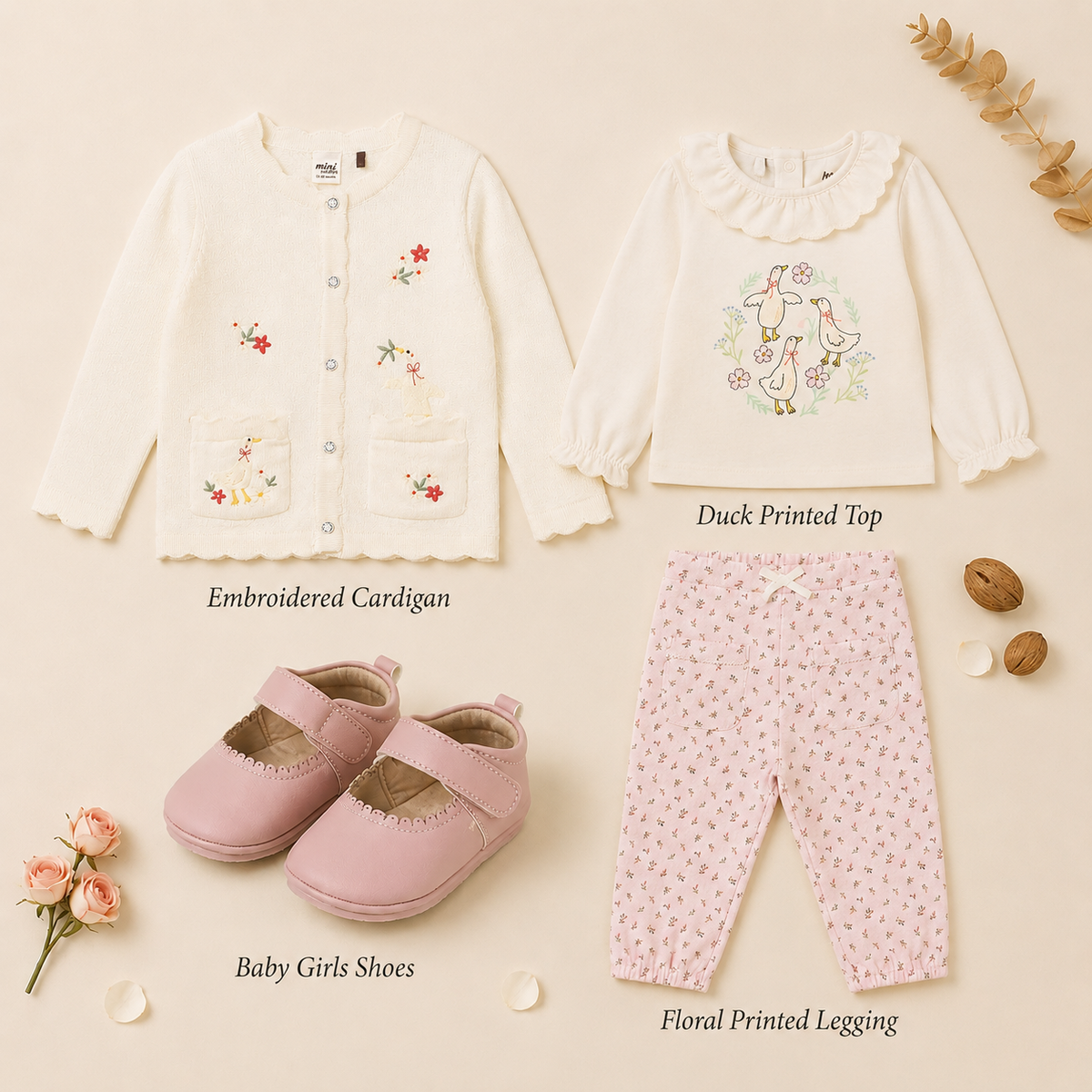 Baby Girls Top, Cardigan, Pant & Shoes Everyday Outfit Bundle - Cream & Pink