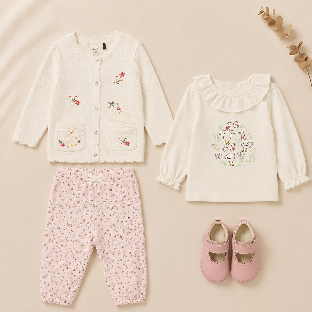 Baby Girls Top, Cardigan, Pant & Shoes Everyday Outfit Bundle - Cream & Pink