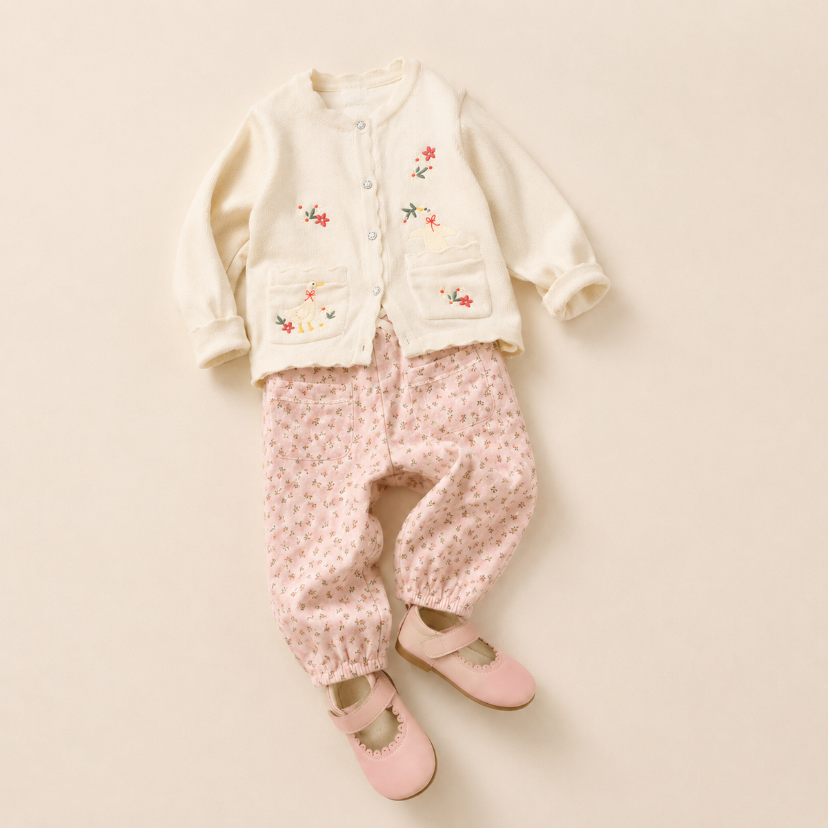 Baby Girls Top, Cardigan, Pant & Shoes Everyday Outfit Bundle - Cream & Pink