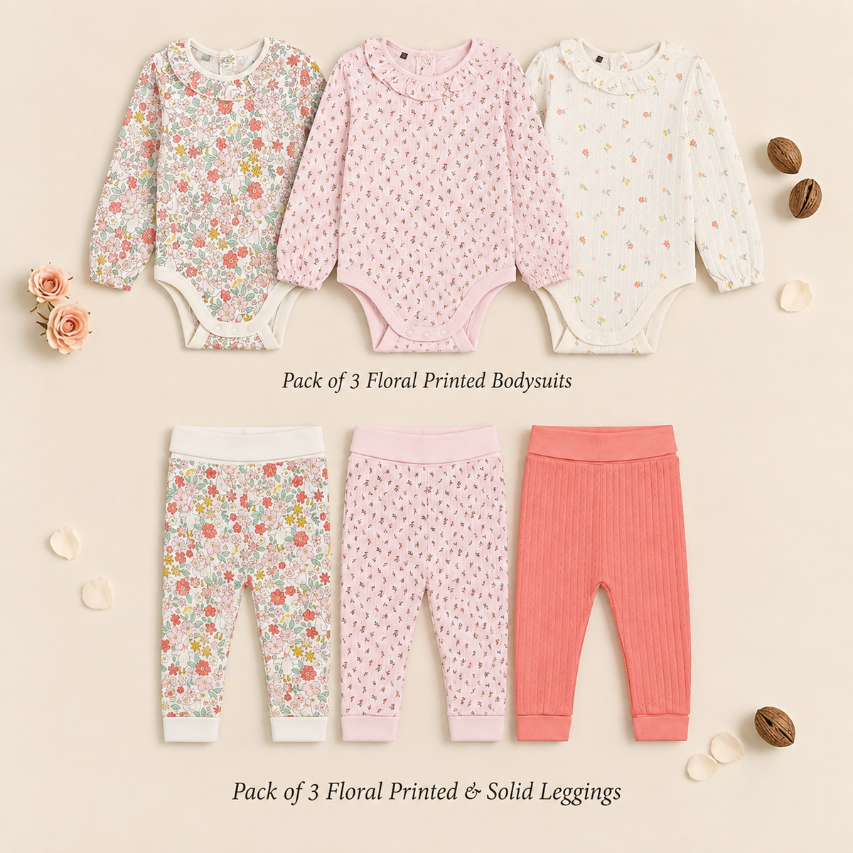 Baby Girls 3 Bodysuits & 3 Pants Everyday Outfit Bundle - Pink, Cream & Coral