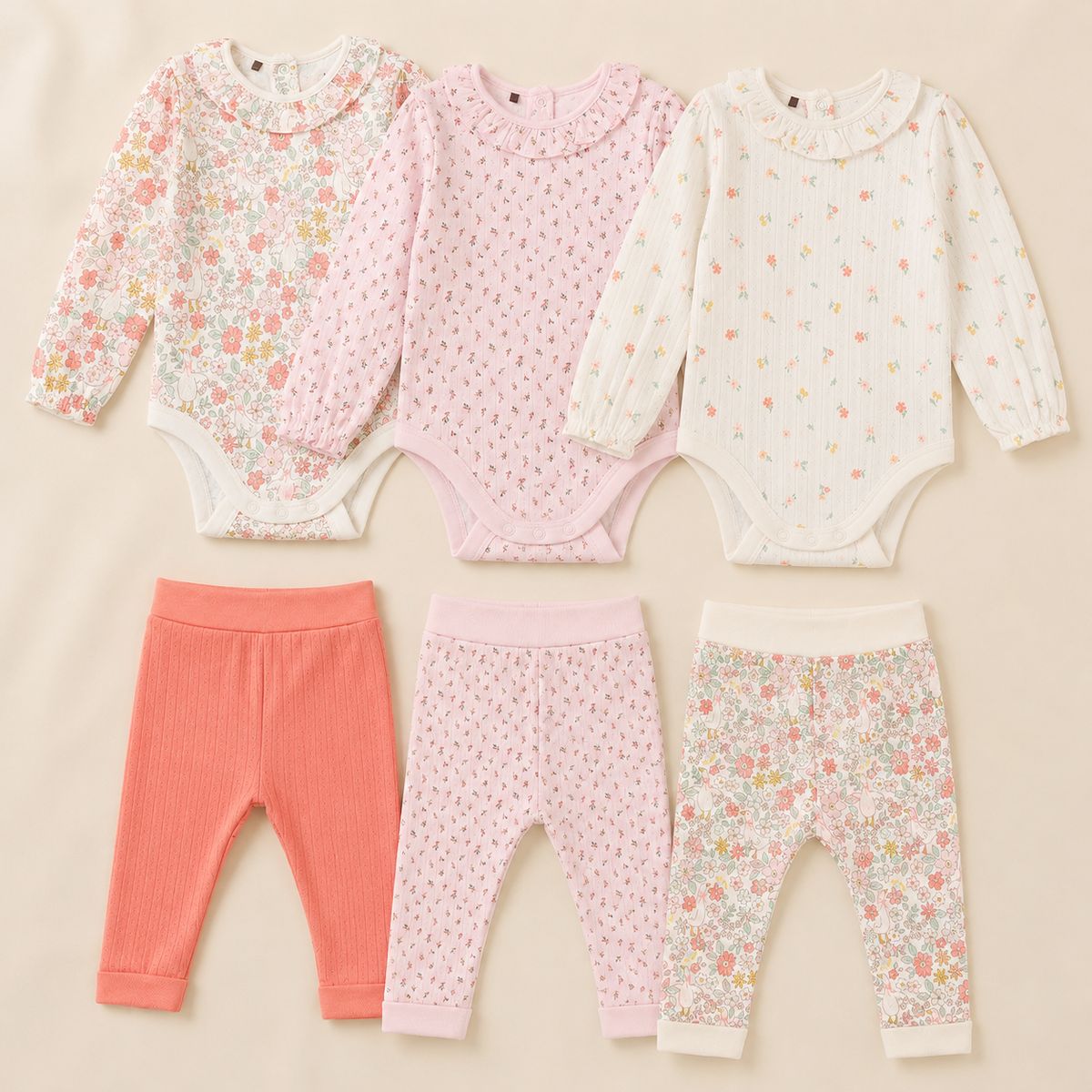 Baby Girls 3 Bodysuits & 3 Pants Everyday Outfit Bundle - Pink, Cream & Coral