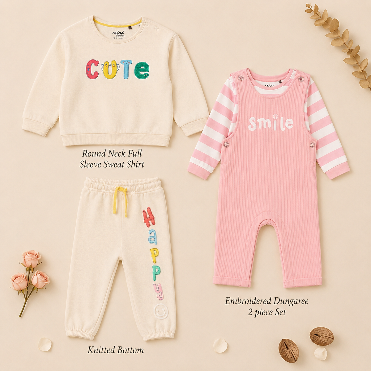 Baby Girls Sweatshirt, Jogger Pant & Dungaree Set Everyday Outfit Bundle - Cream & Pink