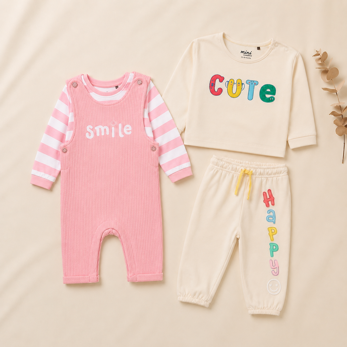 Baby Girls Sweatshirt, Jogger Pant & Dungaree Set Everyday Outfit Bundle - Cream & Pink
