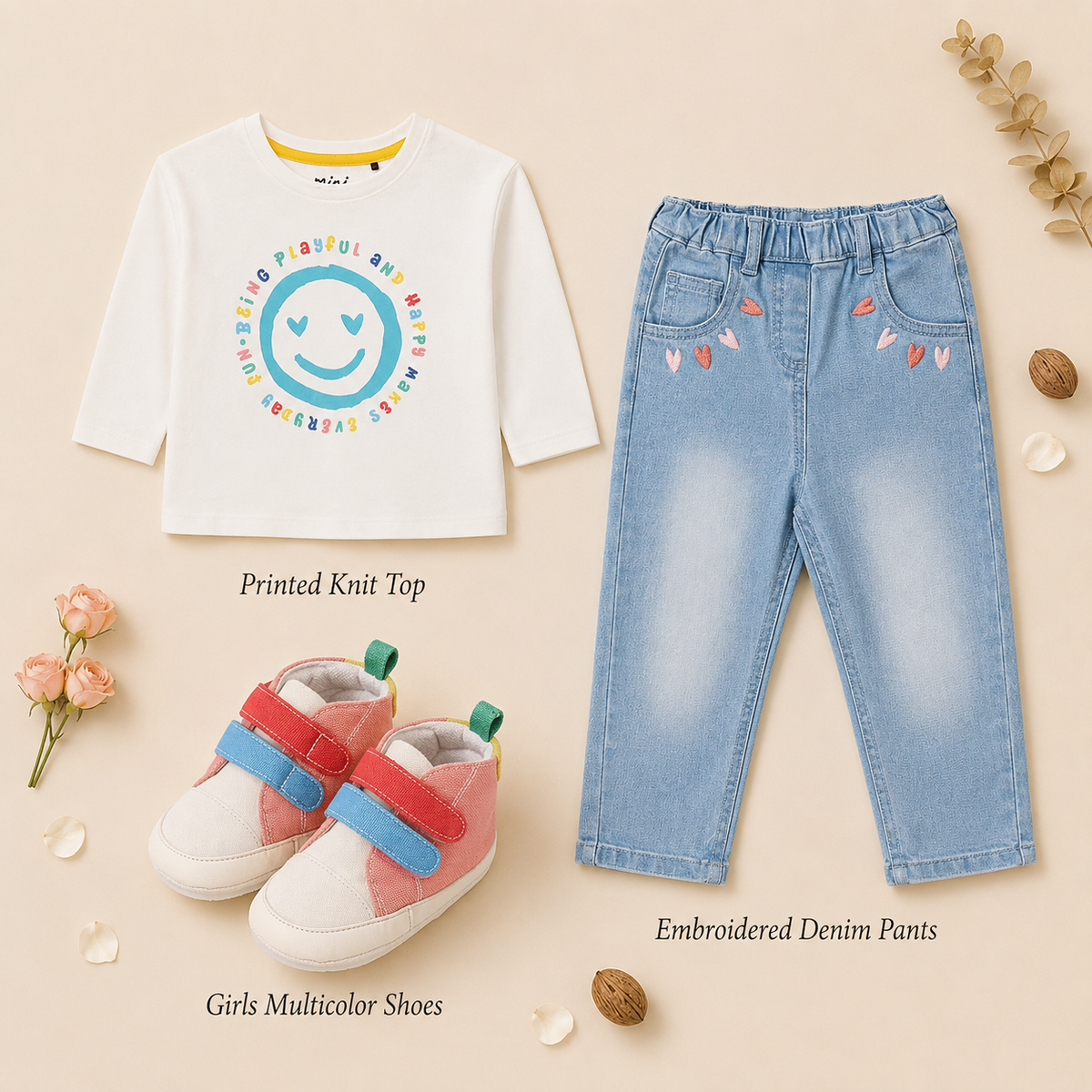 Baby Girls T-Shirt, Denim Pant & Shoes Everyday Outfit Bundle - White, Blue & Coral