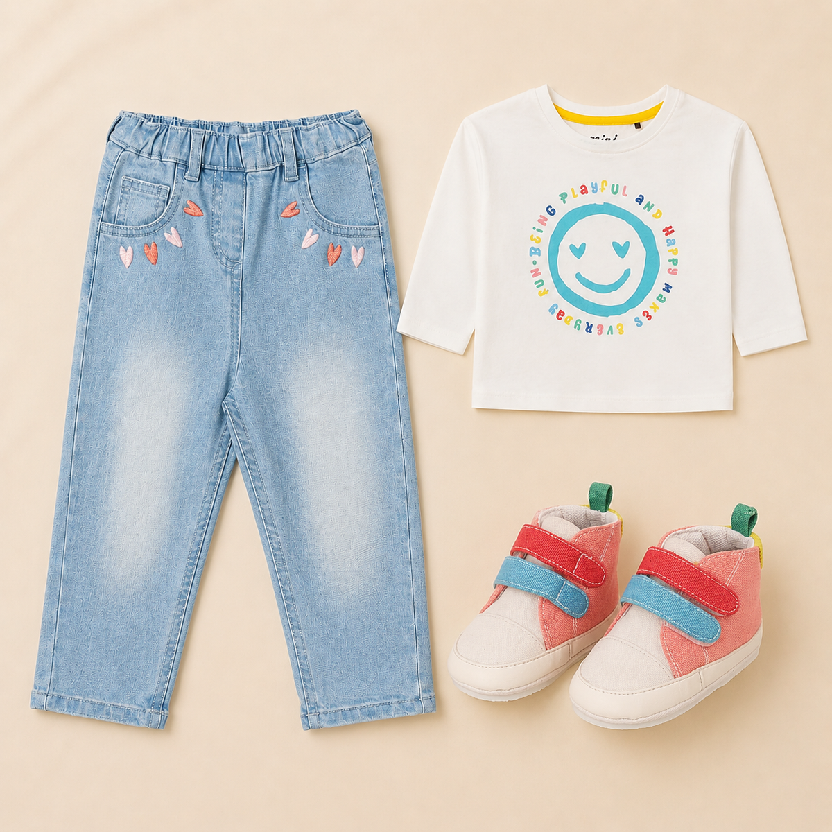 Baby Girls T-Shirt, Denim Pant & Shoes Everyday Outfit Bundle - White, Blue & Coral