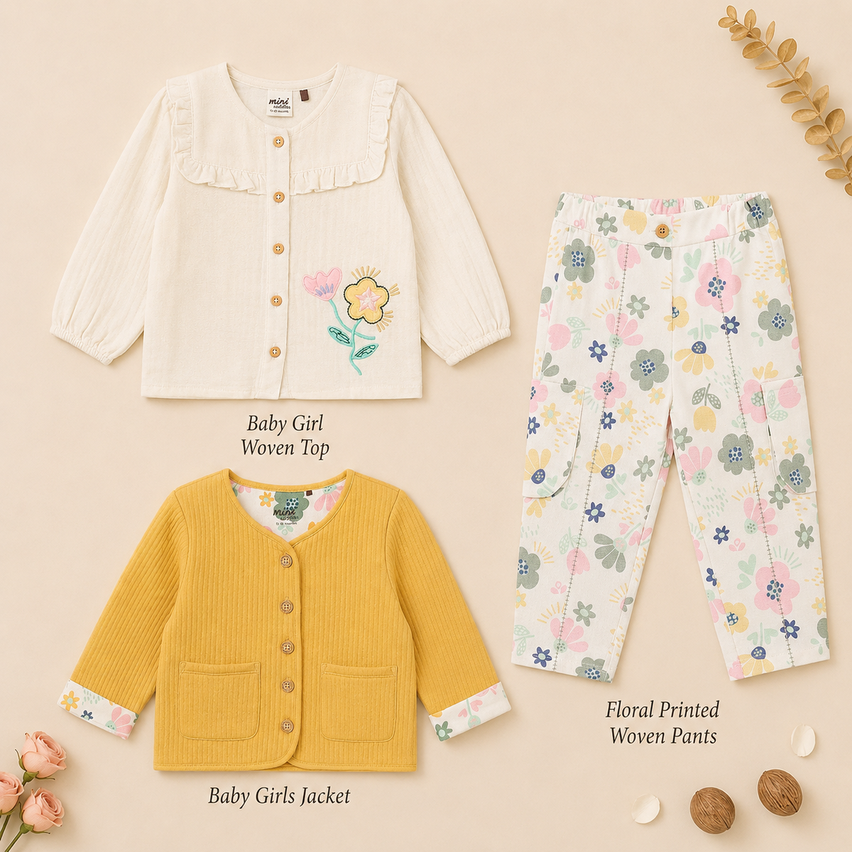 Baby Girls Cardigan, Top & Floral Pant Everyday Outfit Bundle - Mustard, Cream & Pink
