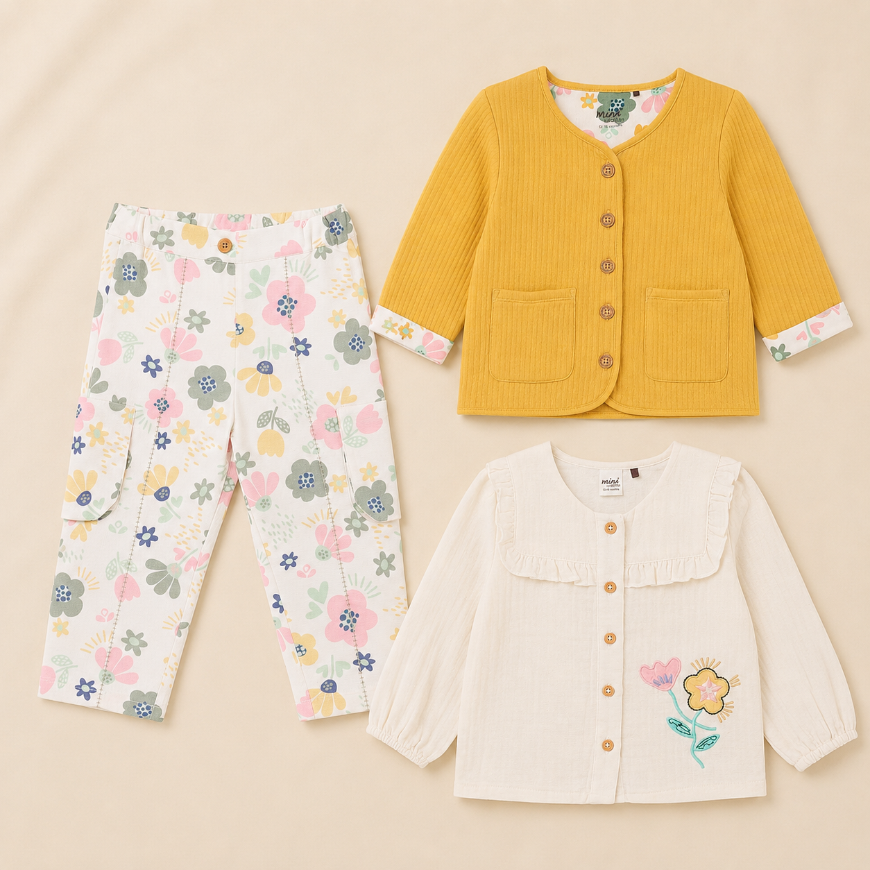 Baby Girls Cardigan, Top & Floral Pant Everyday Outfit Bundle - Mustard, Cream & Pink