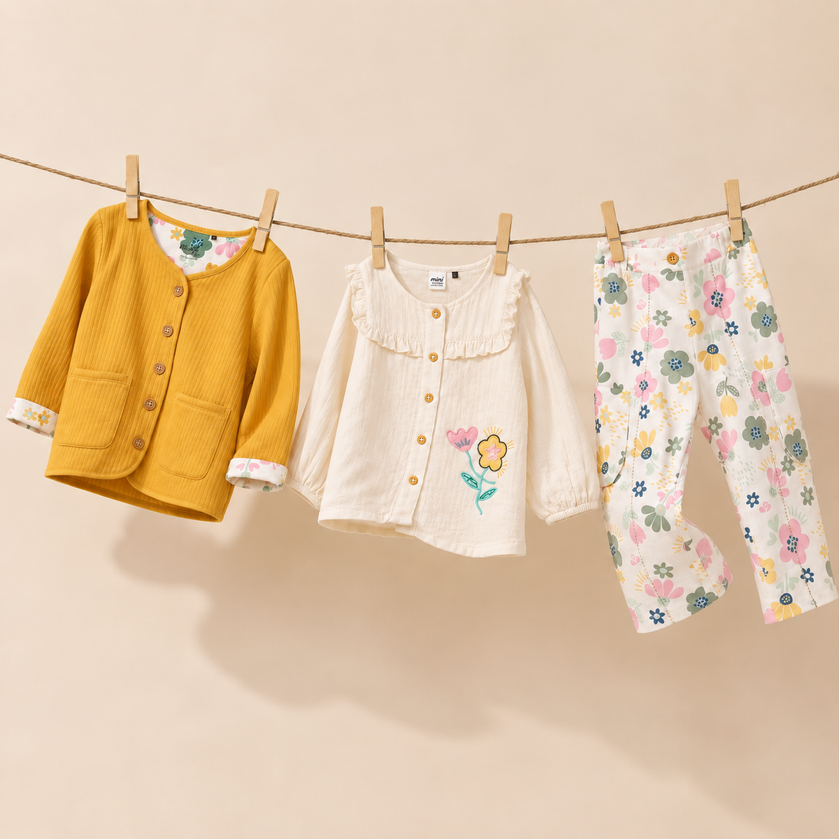 Baby Girls Cardigan, Top & Floral Pant Everyday Outfit Bundle - Mustard, Cream & Pink