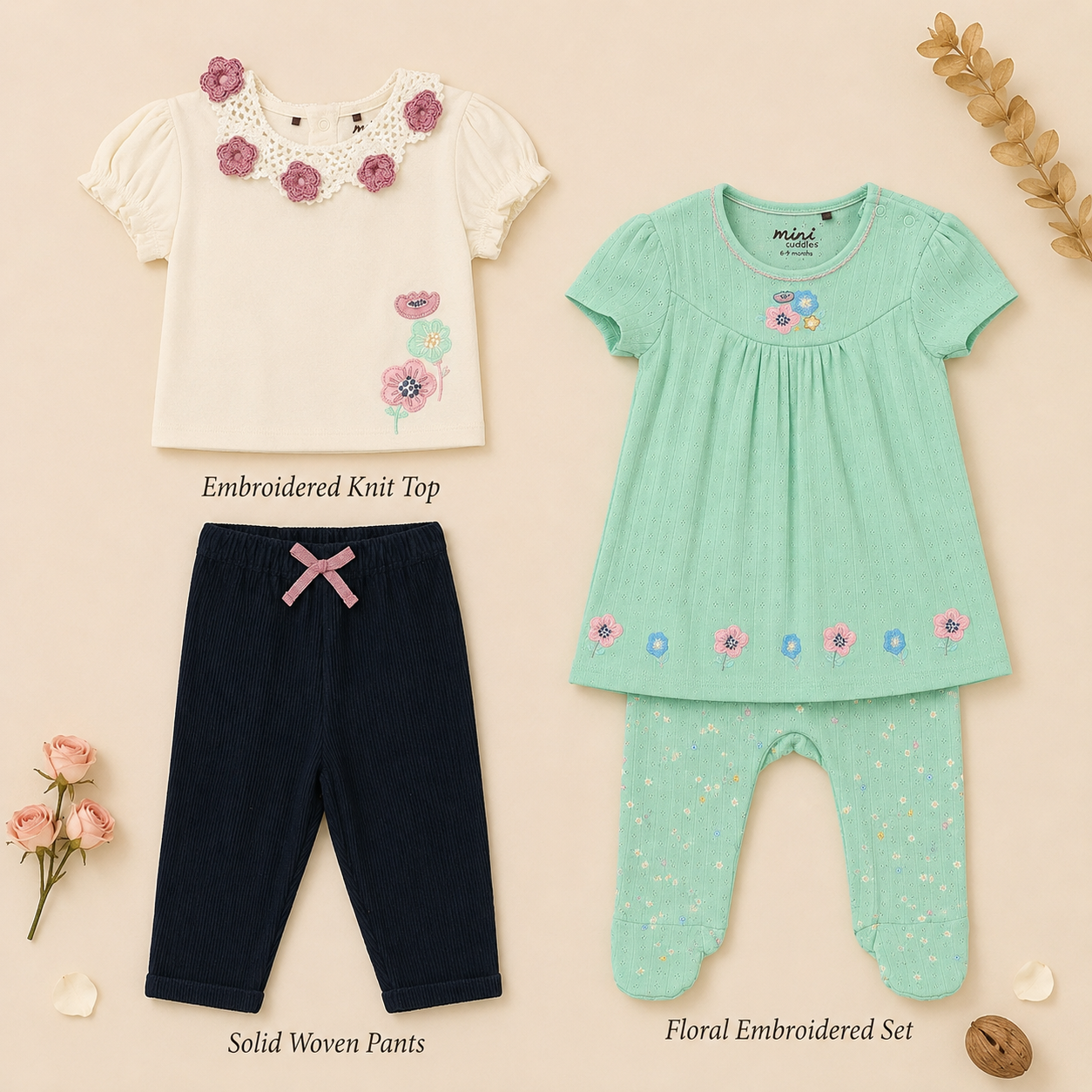 Baby Girls Top, Sleepsuit & Pant Everyday Outfit Bundle - Cream, Mint Green & Navy Blue