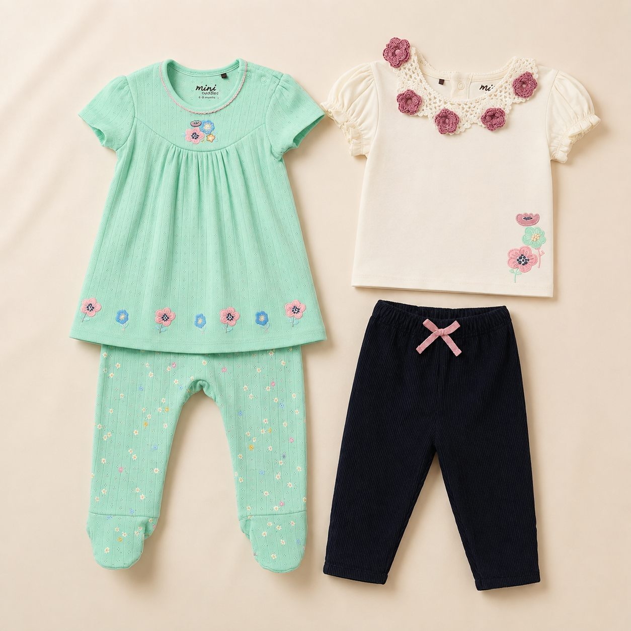 Baby Girls Top, Sleepsuit & Pant Everyday Outfit Bundle - Cream, Mint Green & Navy Blue