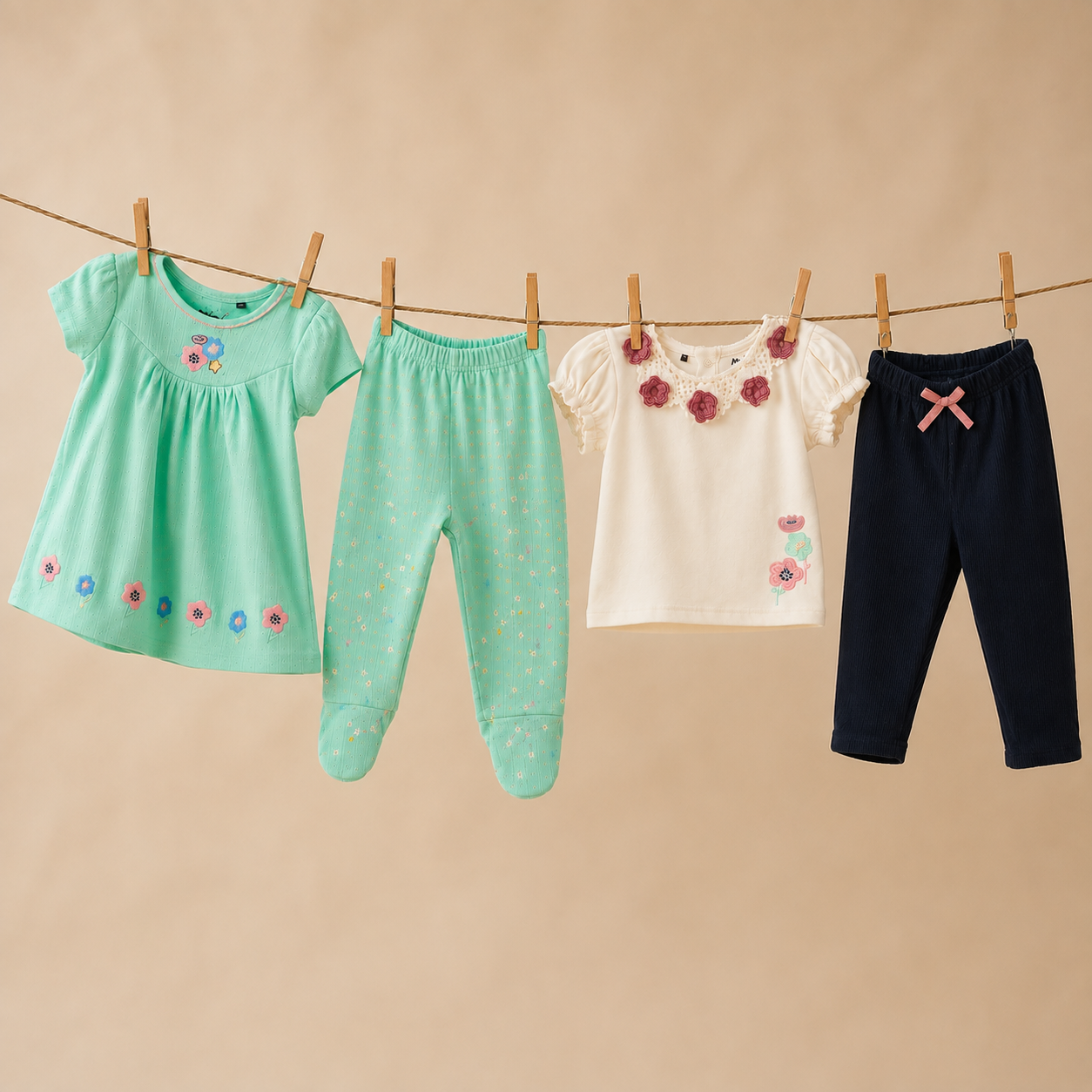 Baby Girls Top, Sleepsuit & Pant Everyday Outfit Bundle - Cream, Mint Green & Navy Blue