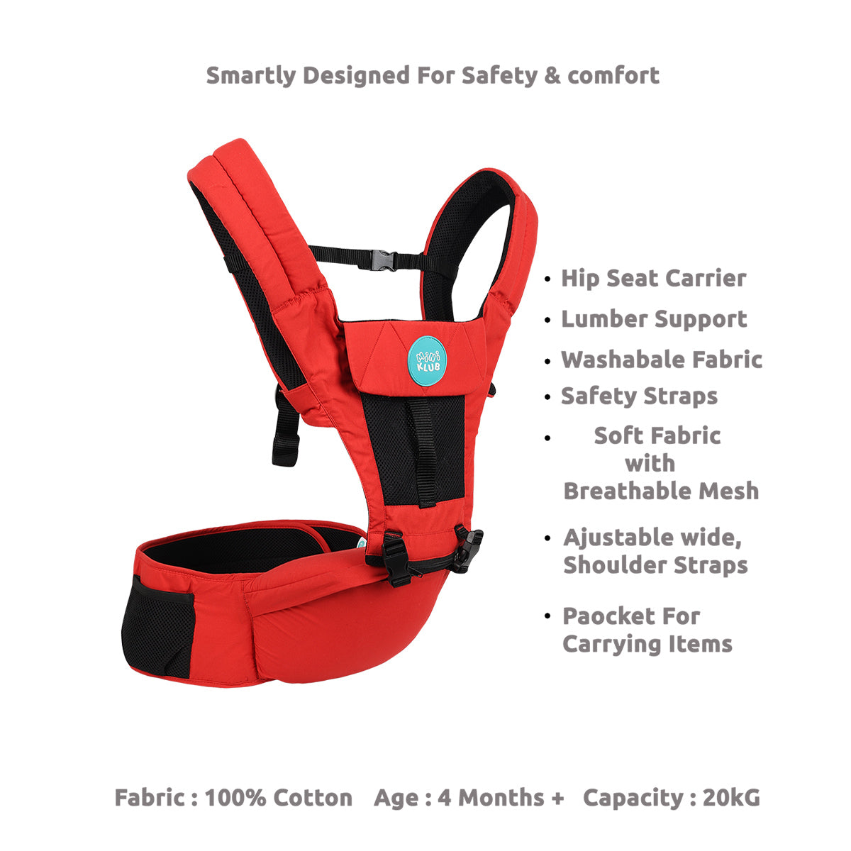 Baby Hip Seat Carrier with Safety Straps, Red