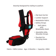 Baby Hip Seat Carrier with Safety Straps, Black and Red