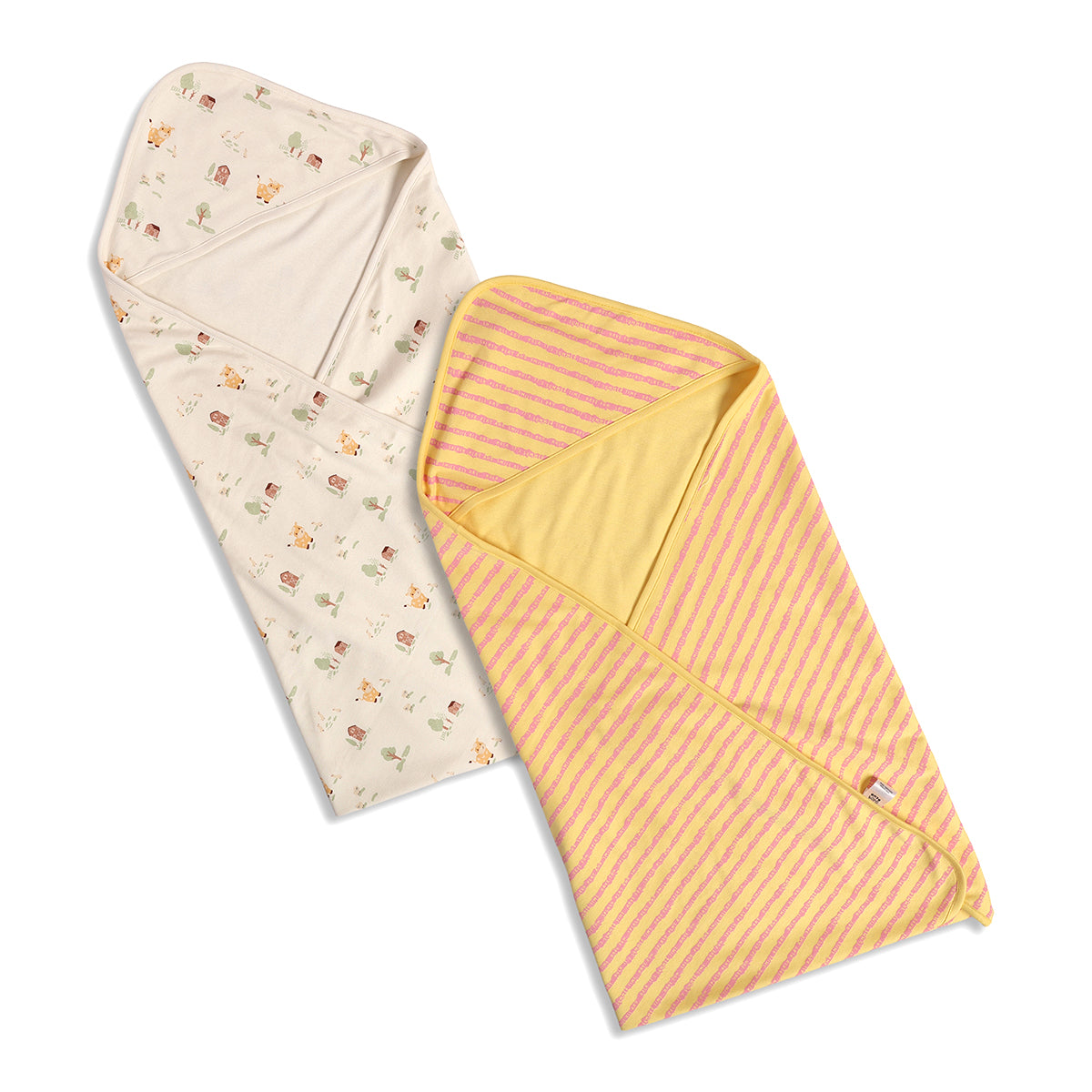 Baby Boys Animal Print And Striped Receiving Blanket Pack Of 2, Yellow And Off White