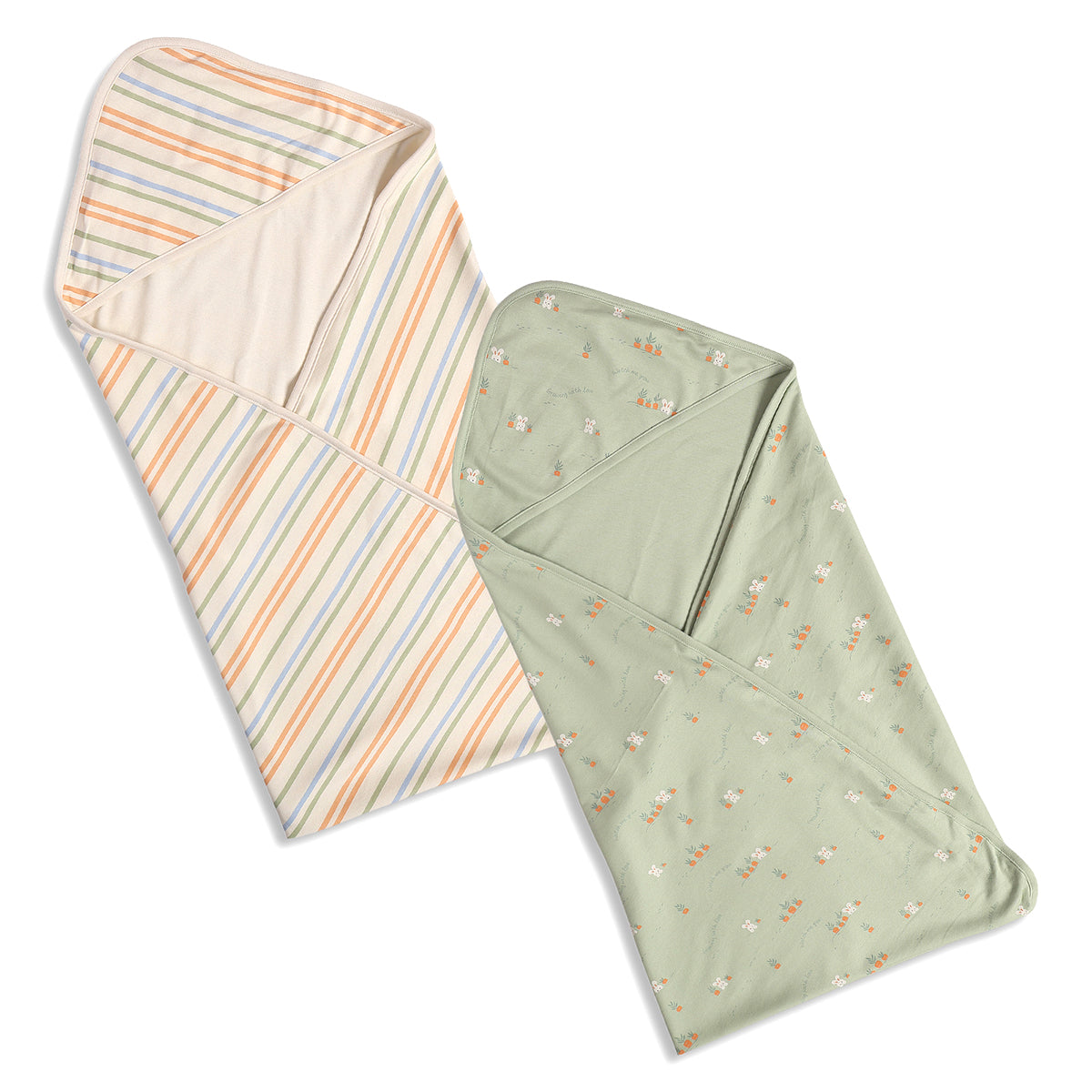 Baby Unisex Striped And Bunny Print Receiving Blanket Pack Of 2, Green And Off White
