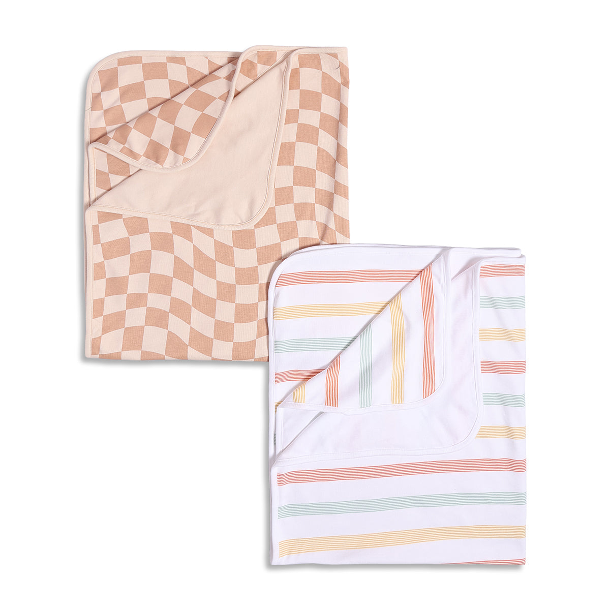 Baby Unisex Hooded Blanket Reversible Checkered And Stripe Print, Peach And White