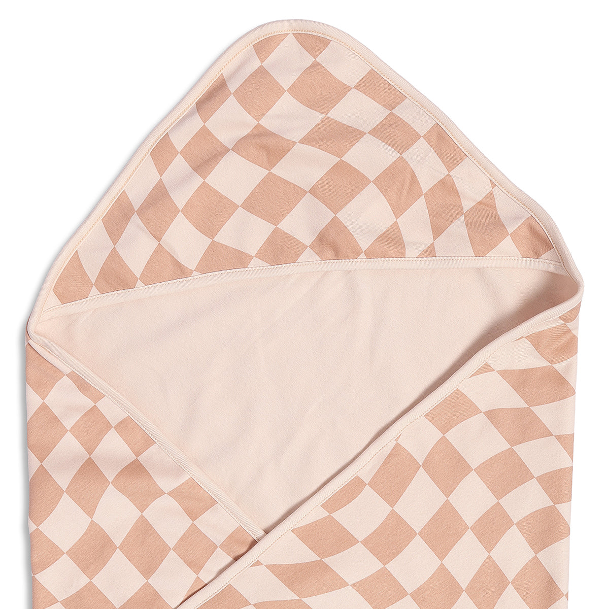 Baby Unisex Hooded Blanket Reversible Checkered And Stripe Print, Peach And White