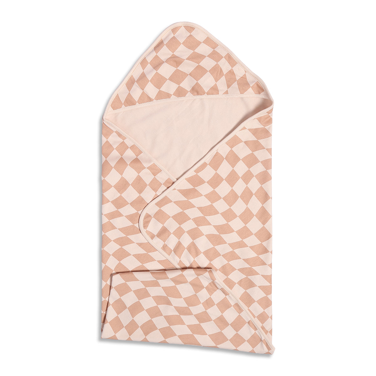 Baby Unisex Hooded Blanket Reversible Checkered And Stripe Print, Peach And White