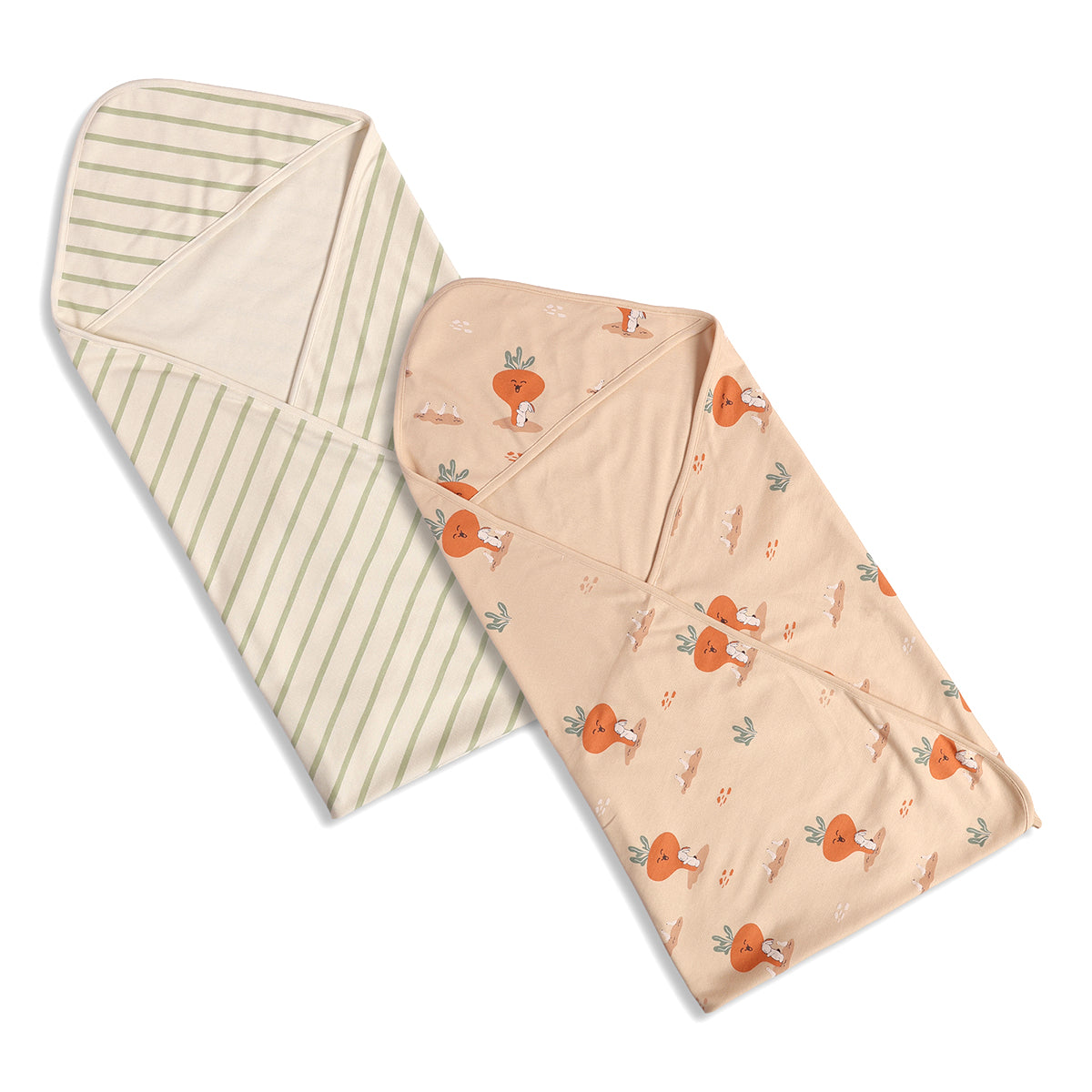 Baby Unisex Carrot Print And Striped Blanket Pack Of 2, Peach And White