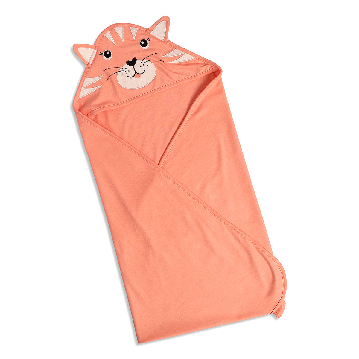 Baby Unisex Hooded Blanket With Cat Face And Ears, Peach