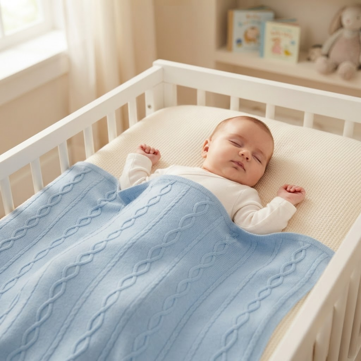 Baby Light Blue Knitted Blanket with Fleece Lining Soft and Warm